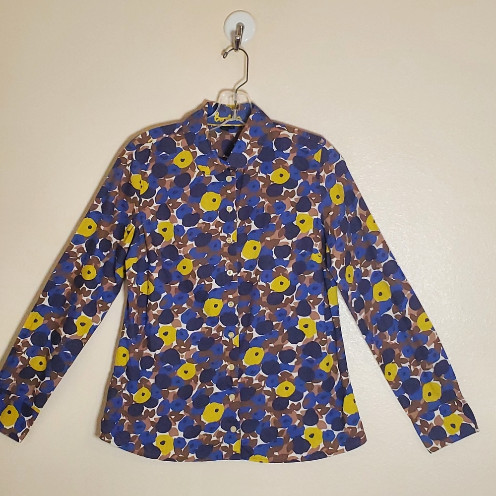 Boden Floral Shirt Button Down Blouse Blue Yellow Brown Floral Pattern Size 12